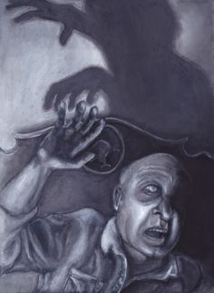 a drawing of a man holding a knife in front of his face and hand reaching for something