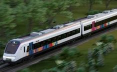 an artist's rendering of a train traveling on the tracks with trees in the background