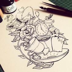 a drawing of a clock surrounded by flowers and other things on a sheet of paper