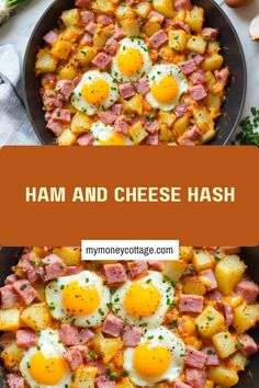 ham and cheese hash browns in a skillet with an orange border over the top