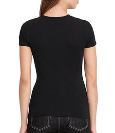 Lauren Ralph Lauren Short Sleeves Stretch Cotton T-Shirt | Dillard's Elastane Crew Neck Top For Work, Crew Neck Elastane Tops For Work, Fitted Elastane V-neck T-shirt, Fitted V-neck T-shirt In Elastane, Fitted V-neck Elastane T-shirt, Elegant Stretch Cotton T-shirt, Womens Chinos, Embroidered Monogram, Ralph Lauren Shorts