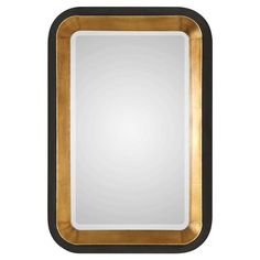 a square mirror with gold trimmings and black border around the edges, on a white background