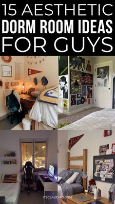 there are many dorm room ideas for guys in this post it is an image with the words 15 aesthetic dorm room ideas for guys