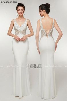 Fitted V-neck Gown With Corset Back, Fitted White Evening Dress With Lace Back, White Fitted Evening Dress With Back Opening, White Prom Dress Mermaid, Prom Dresses White, White Prom Dresses, Prom Dresses Mermaid, White Prom, Prom Dresses Formal