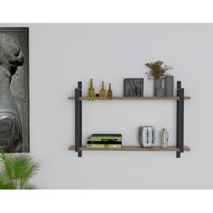 two wooden shelves on the wall next to a plant and bookshelf with pictures