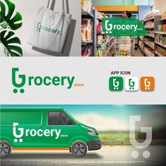 the grocery store logo is displayed in three different colors and font options, along with an image of a grocery truck