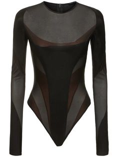 Nylon jersey long sleeve bodysuit - MUGLER - Women | Luisaviaroma Versace Brand, Jersey Long Sleeve, Shearling Jacket, Ski Wear, Black Bodysuit, Long Sleeve Bodysuit, Swimwear Tops, Party Outfit, Pants Set