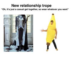 a man dressed in a banana costume next to an image of a woman wearing a dress