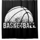 a shower curtain with the word basketball printed on it and a basketball ball in the center