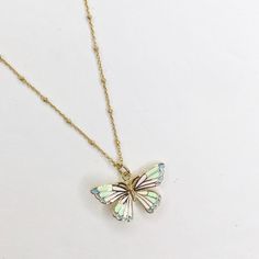 gold filled sterling silver satellite chain Green/White enamel butterfly pendant Green Butterfly Necklace, Jewellery Organization, Mystical Butterfly, Mystical Beings, Necklaces Aesthetic, Butterfly Jewellery, Bday Wishlist, Enamel Butterfly, Butterfly Fashion