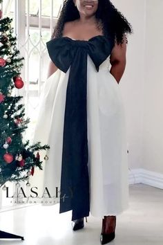 Lasaky - Elegant Everyday Attire: Sophisticated Patchwork Contrast Dresses with Chic Bow Detailing Elegant Black Holiday Dress, Elegant White Maxi Dress For Holiday, Elegant Sleeveless Maxi Dress For Holiday, Chic White Maxi Dress For Holiday, Dresses With Bow, Patchwork Dresses, Contrast Dress, Patchwork Dress, Casual Look