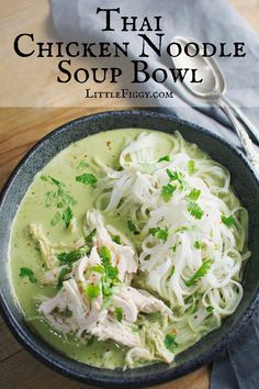 chicken noodle soup in a bowl on a wooden table