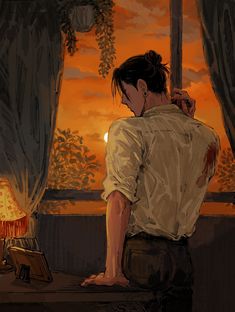 a painting of a person sitting in front of a window looking out at the sunset