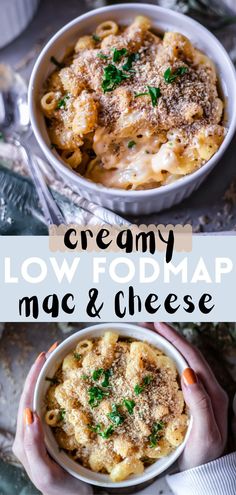 two bowls filled with macaroni and cheese on top of each other, the text overlay reads creamy low fodmap mac & cheese