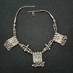 A beautiful Indian silver necklace. This traditional necklace can be fastened with a hook  The length of this necklace (from one end to another ) is 54.5 cm long (21.4 Inch) and weights 106.5 grams. Above inlcludes the length of neckchain as well. Unique Antique Silver Nickel-free Necklace, Ornate Sterling Silver Ceremonial Necklace, Vintage Sterling Silver Necklaces With Inlay, Bohemian Antique Silver Filigree Necklace, Bohemian Antique Silver Nickel-free Necklace, Rajasthan India, Vintage Necklace, Necklace Etsy, India