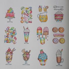 a drawing of different kinds of desserts and drinks on a sheet of white paper