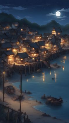 a painting of a village by the water at night