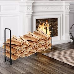 a stack of logs sitting in front of a fire place next to a rug and fireplace