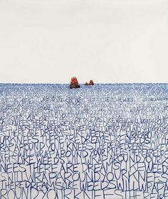 an image of a boat in the ocean with words written all over it that are blue and white