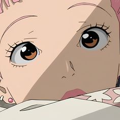 a close up of a person with pink hair and blue eyes looking at something in the distance