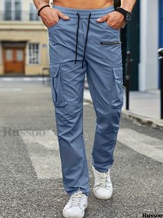 Russoo - Mens Contemporary Solid Cargo Pants: Versatile Multi-Pocket Trousers for Casual and Outdoor Wear, Ideal for Work and Streetwear Enthusiasts Pocket Pattern, Outdoor Wear, Hip Hop Fashion, Flap Pocket, Cargo Pants, Drawstring Waist, Hip Hop, Weaving, Trousers