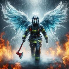 a firefighter with angel wings is walking through the water and holding an ax in his hand