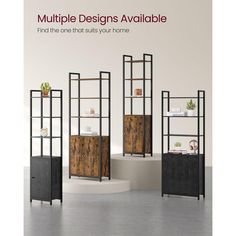 an advertisement for multiple designs available in the home furnishings store, including shelving and cabinets