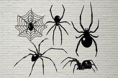 three black and white spider silhouettes against a brick wall