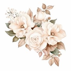 a bouquet of flowers with leaves on a white background