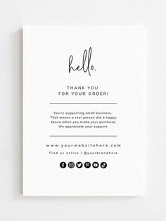 a thank card with the words hello written in cursive font and black ink