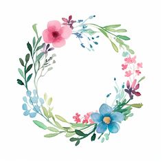 a watercolor wreath with flowers and leaves