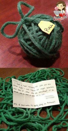 there is a ball of yarn on the table next to a piece of paper with a note attached