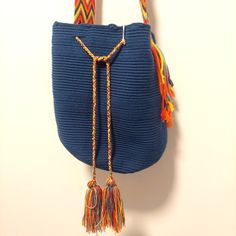 Wayuu Mochila Bag- Handmade In Colombia- 100% Aunthentic Size Large Casual Blue Bucket Bag With Adjustable Strap, Casual Handmade Bag With Adjustable Strap, Casual Handmade Bags With Adjustable Strap, Casual Blue Crossbody Bucket Bag, Casual Handmade Adjustable Shoulder Bag, Casual Adjustable Handmade Shoulder Bag, Daily Use Woven Bag With Adjustable Strap, Blue Bucket Bag With Braided Handles, Casual Blue Bucket Bag For Travel