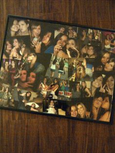 a collage of photos is hanging on the wall next to a bottle of liquor