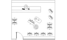 the floor plan for an office with several tables and chairs