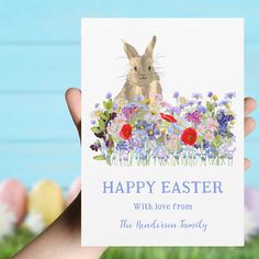 Happy Easter Cute Bunny and Wildflowers Holiday Card