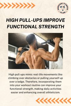 the back of a man's upper body, with text that reads high pull - ups improve functional strength