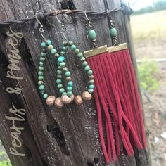 Red suede & turquoise earrings. Can be cut to suit. Natural Turquoise & bronze teardrop earrings Teardrop Tassel Jewelry, Suede Tassel, Red Suede, Natural Turquoise, Turquoise Earrings, Leather Earrings, Tassel Earrings, Turquoise Stone, Teardrop Earrings