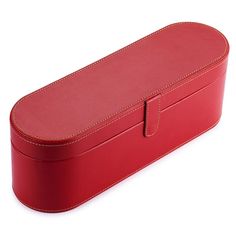 a red leather case is shown on a white background, with the lid partially closed