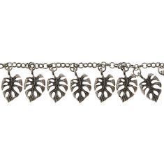 a metal chain with five charms attached to it's ends and four leaves on each side