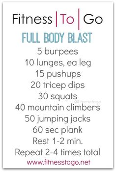 the full body blast workout plan is shown in pink, blue and white with text that reads