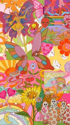 an abstract painting with lots of colorful flowers and animals on it's surface,