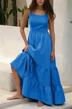 Color: Dark Blue, Size: L Blue V-neck Summer Sundress, Blue A-line Cotton Maxi Dress, Blue V-neck Beachy Sundress, Blue Cotton A-line Maxi Dress, Blue V-neck Tiered Summer Dress, Summer Ties, Y2k Summer Outfits, Marine Uniform, Suspender Dress