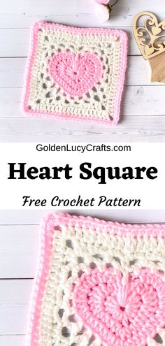 Crocheted heart square motif in pink and white colors. Crochet Granny Square Motif Patterns, Heart Motif Crochet, Crocheted Heart Granny Square, Cute Crochet Granny Square Pattern, Grammy Square Crochet Pattern, Valentine’s Day Granny Square, Free Granny Square Patterns Simple, Valentines Day Granny Square