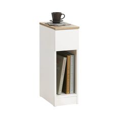 a book shelf with a cup on top of it