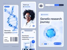 four different id cards with the words genetic research journey on one side and an image of a woman in glasses