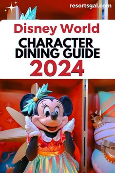 the disney world character dining guide is shown in front of a red background with an image of mickey mouse