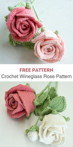 two crocheted roses with green leaves and one pink rose on the left side