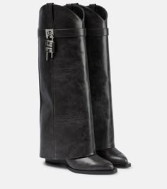 Shark Lock Cowboy Leather Boots in Black - Givenchy | Mytheresa Marta Ortega, Cowboy Carter, Givenchy Shark, Givenchy Boots, Black Leather Knee High Boots, Heels Aesthetic, Mid Heel Boots, Givenchy Shoes, The Shark