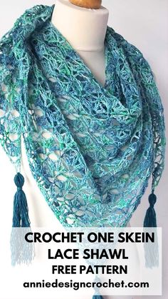 the crochet one skein lace shawl is shown with text overlay